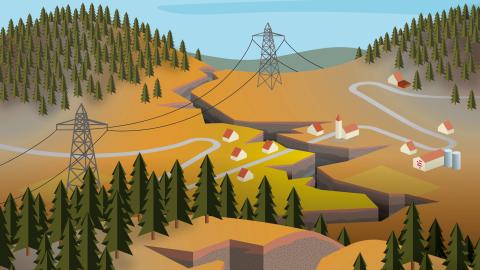 Illustration von Simon Bretscher: Landschaft mit Häusern, Stromleitungen und Erdbeben-Spalten