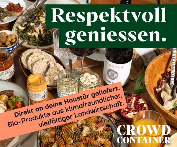 Respektvoll geniessen. Bio-Produkte aus klimafreundlicher, vielfältiger Landwirtschaft. Direkt an deine Haustür geliefert. Crowd Container.