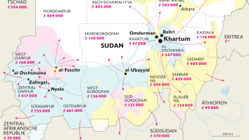 Ausschnitt aus Karte des Sudan und umliegenden Ländern mit eingezeichneten Fluchtbewegungen