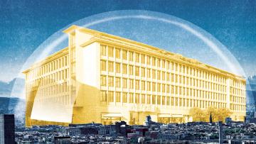 Illustration von Patric Sandri: Bankgebäude der neuen UBS überragt die Stadt Zürich