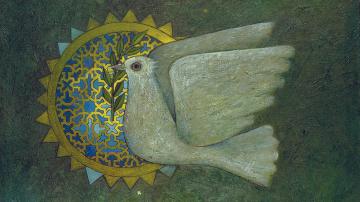 Ausschnitt aus dem Gemälde «Symbol der Hoffnung» von Sliman Mansour: eine Taube mit einem Ölzweig vor einem orientalischen Fenster