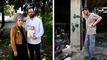 2 Fotos: Ofir und Miriam Achimeir mit einem Foto ihres Sohnes Benjamin / Muhammad Abu Aliya inmitten seiner ausgebrannten Autowerkstatt