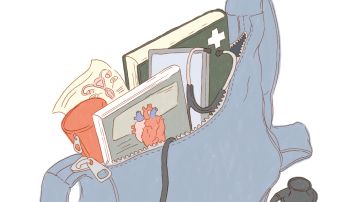 Ausschnitt aus einer Illustration: eine Tasche mit Alltags-Gegenständen, medizinischen Fachbüchern und einem Stethoskop