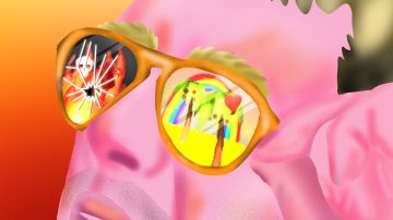 Illustration: Kopf einer Person mit Sonnenbrille in der sich 2 verschiedene Szenen spiegeln