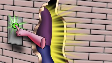 Illustration: abstrakte Darstellung einer Person, welche einen Knopf drückt und dann hinter einer Mauer verschwindet
