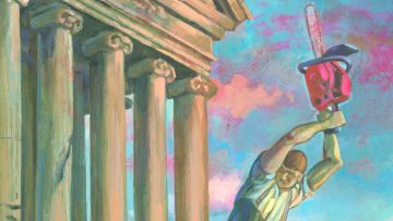 Illustration von Andreas Gefe: ein Mann mit Kettensäge zerstört die Säulen eines Gebäudes