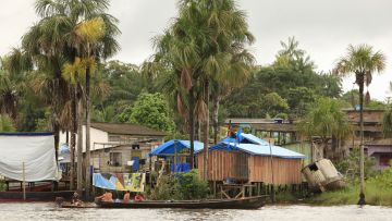 mehrere Boote und Hüten am Amazonasdelta bei Oiapoque