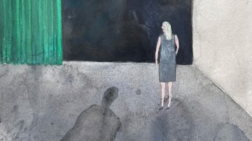 Illustration von Maria Sulymenko: eine Frau steht vor einer schwarzen Wand, im Vordergrund ein bedrohlicher Schatten