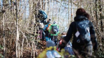 Kinder und Betreuer:innen der Spielgruppe Bürzelbaum unterwegs im Wald ob Näfels
