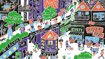 Illustration von Serafine Frey: eine bevölkerte Stadt