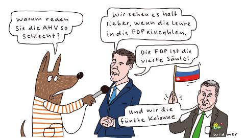 Comic von Ruedi Widmer zur Altersvorsorge – Eine Tierfigur mit Mikrofon fragt einen Politiker: «Warum reden Sie die AHV so schlecht?» Antwort: «Wir sehen es halt lieber wenn die Leute in die FDP einzahlen. Die FDP ist die vierte Säule.» Daneben Politiker mit Fähnchen und SVP-Anstecker: «Und wir die fünfte Kolonne.»