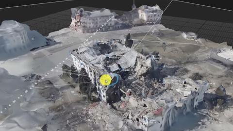Das zerstörte Theater in Mariupol in einer Visualisierung des Center for Spatial Technologies