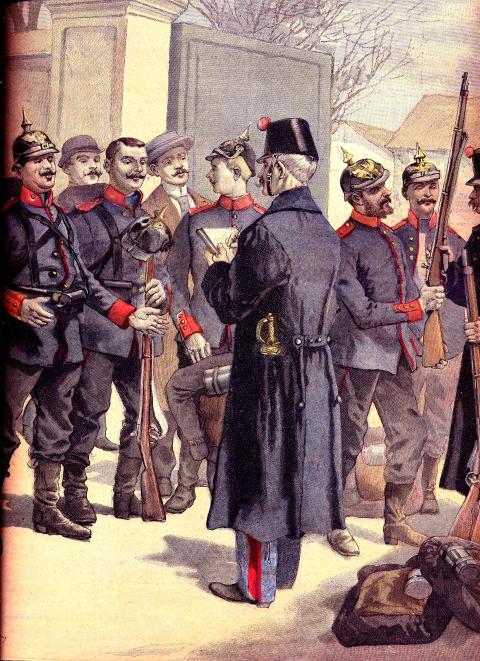 Illustration von 1896: Aus der Armee des Deutschen Reichs desertierte Elsässer übergeben der luxemburgischen Polizei ihre Waffen