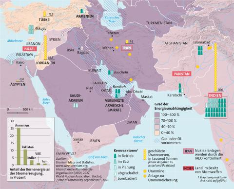 Karte: Kernreaktoren, Nuklearanlagen, Uranreserven und Atomwaffen im Nahen Osten