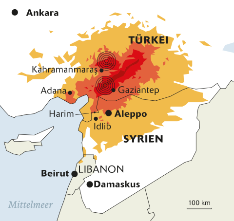Karte mit den vom Erdbeben betroffenen Gebieten in der Türkei und Syrien