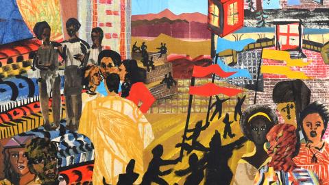 Illustration auf der Startseite von «Hammer and Hope»: Figuren stehen beieinander und schwenken farbige Fahnen