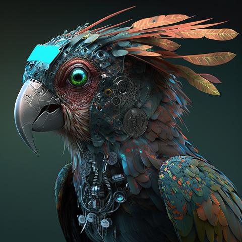 mit einer Bild-KI berechneter Cyborg-Papagei