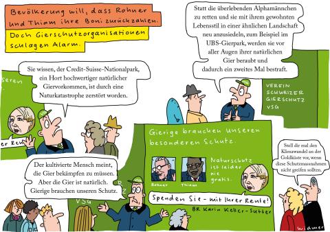 Cartoon von Ruedi Widmer zu Boni-Zahlungen an CS-Manager