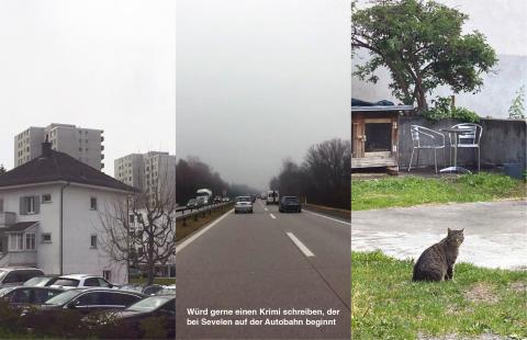 3 Fotos in Kombination: Autos und Häuser in der Agglomeration; Fahrzeuge auf der Autobahn (Würd gerne einen Krimi schreiben, der bei Sevelen auf der Autobahn beginnt); Eine Katze sitzt in einem Garten mit Gartenmöbeln und Kleintierkäfig.