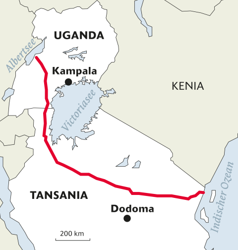 Karte der geplanten Pipeline, welche durch Uganda und Tansania führt