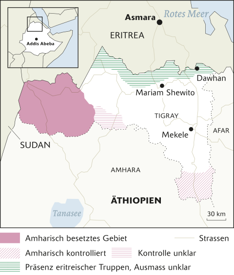 Karte von Sudan, Äthiopien und Eritrea mit den Konfliktgebieten
