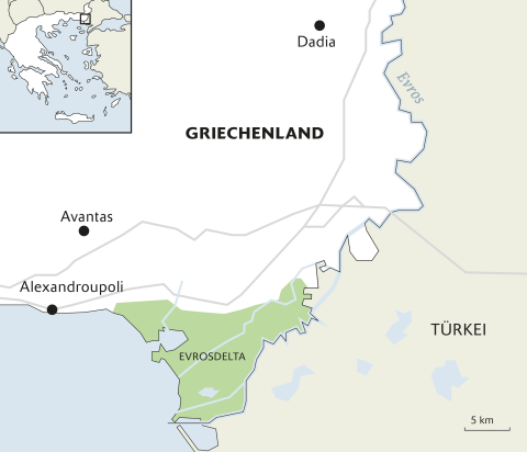 Karte der Grenze zwischen Griechenland und Türkei beim Evros-Fluss und dem Evrosdelta