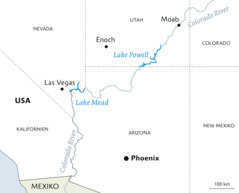 Karte des Verlaufs des Colorado River durch diverse US-Bundesstaaten