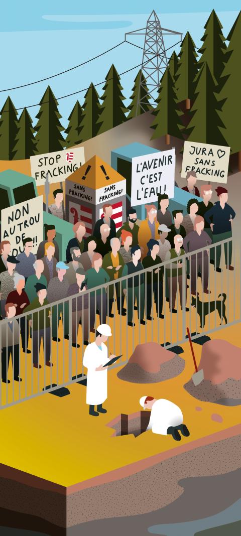 Illustration von Simon Bretscher: Protestierende versammeln sich vor einem Geothermie-Testgelände