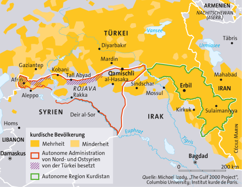 Karte: Kurdische Bevölkerung in Türkei, Syrien und Irak