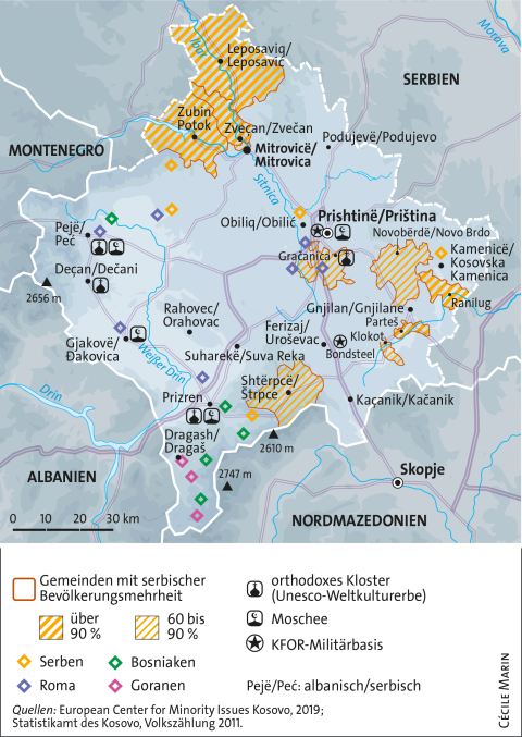 Karte: Bevölkerung im Kosovo – Minderheiten und Mehrheiten, religiöse Stätten, KFOR-Truppen