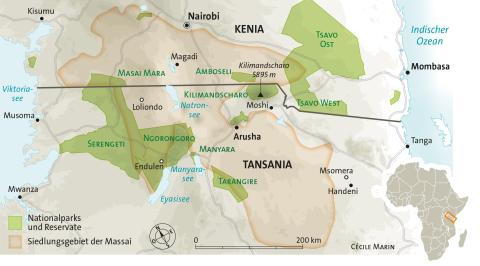 Karte: Die Massai in Kenia und Tansania – Siedlungsgebiete und Nationalparks/Reservate