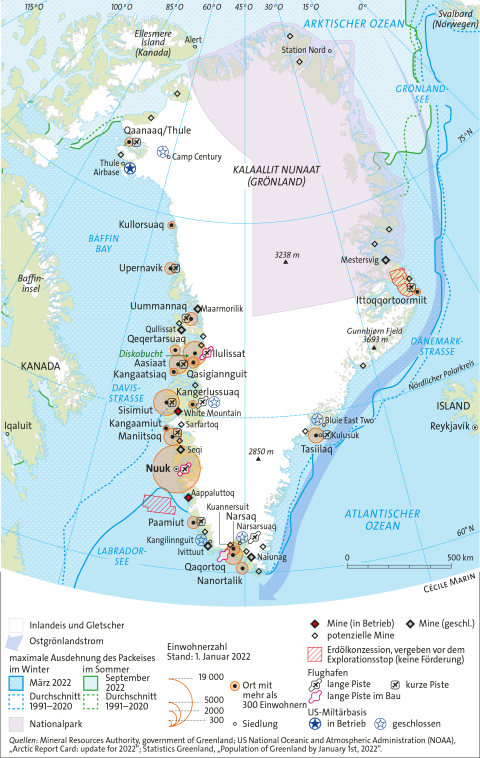 Karte von Grönland: Gletscher, Packeis, Siedlungen, Rohstoff-Minen, Flughäfen, US-Militärbasen