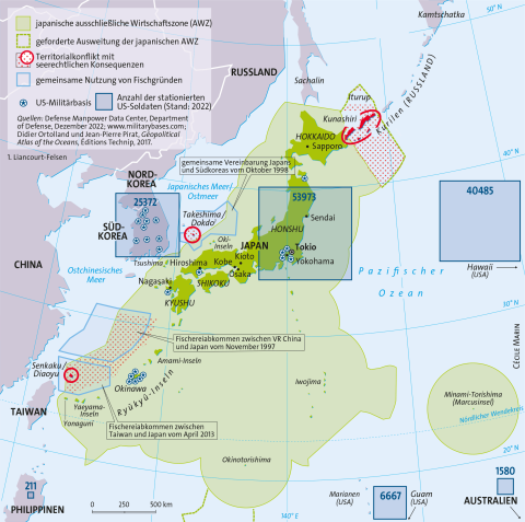 Japan und seine Gewässer: Wirtschaftszonen, Territorialkonflikte, Fischgründe, US-Militärbasen