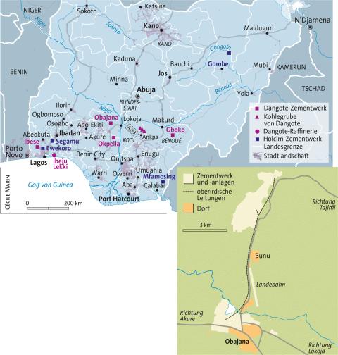 Karte von Nigeria: Zementwerke, Kohlegruben, Raffinerien