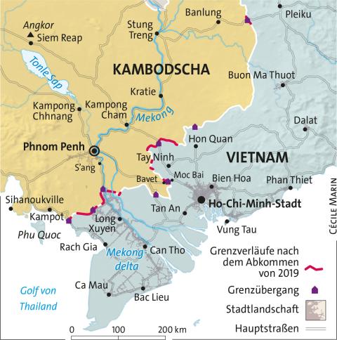 Karte von Kambodscha und Vietnam: Hauptstrassen, Grenzübergänge und Grenzverläufe