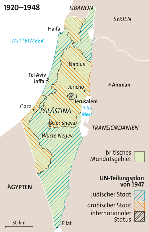 historische Karte von Palästina und Israel: britisches Mandatsgebiet, 1920–1948