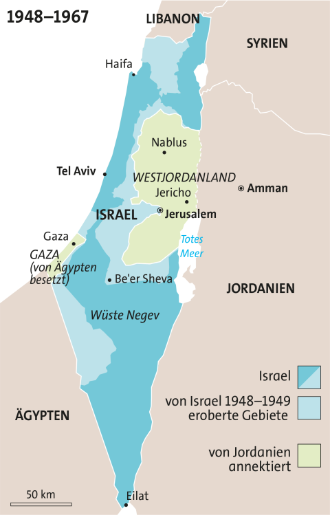 historische Karte von Palästina und Israel: nach der Staatsgründung, 1948–1967
