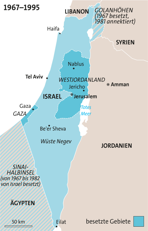 historische Karte von Palästina und Israel: nach dem Sechstagekrieg, 1967–1995