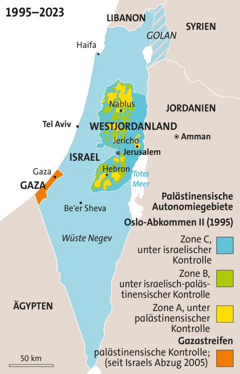 Karte von Palästina und Israel: nach dem Oslo-II-Abkommen, 1995–2023