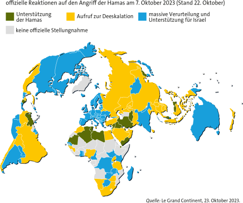 Weltkarte: Reaktionen einzelner Staaten auf den Angriff der Hamas