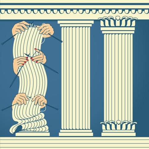 Illustration: Hände welche ein symbolische Säule stricken