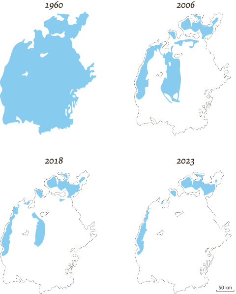 Karte des Aralsees in den Jahren 1960, 2006, 2018 und 2023