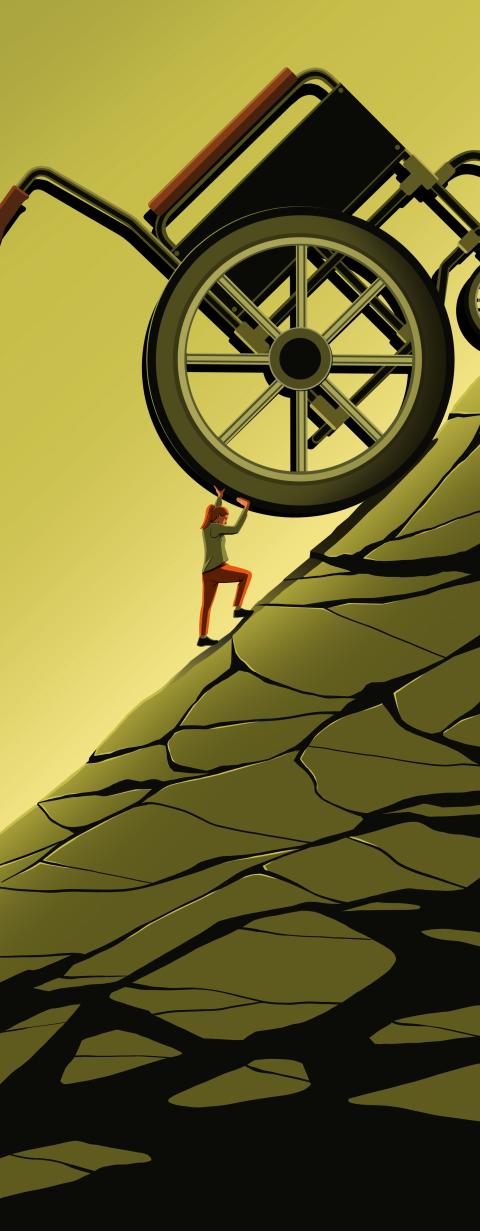 Illustrationen von Stephan Schmitz: eine Person schiebt einen übergrossen Rollstuhl einen steilen Abhang hoch