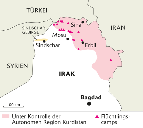 Karte des Irak und umliegende Länder: Sindschar-Gebirge, Autonome Region Kurdistan, Flüchtlingscamps