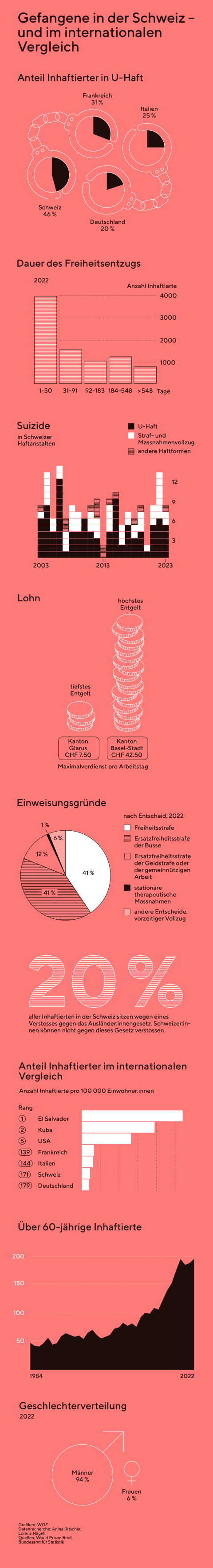 Infografik zu Gefangenen in der Schweiz: Anteil Inhaftierter in U-Haft, Dauer des Freiheitsentzugs, Suizide, Lohn, Einweisungsgründe, Anteil Inhaftierter im internationalen Vergleich, über 60-jährige Inhaftierte, Geschlechterverteilung