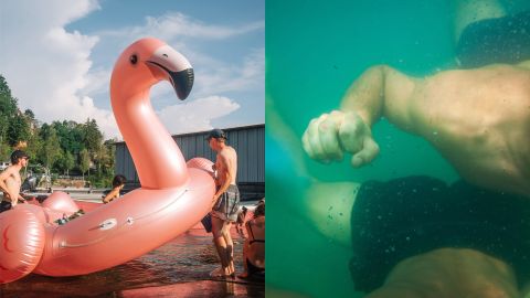 zwei Bilder: mehrere Personen tragen einen grossen Schwimm-Flamingo / Unterwasseraufnahme von zwei Schwimmer:innen