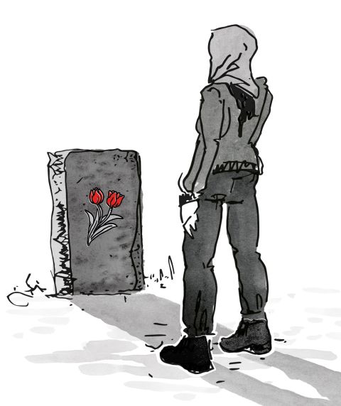 Illustration von Alice Bucher: eine Person steht von einem Grabstein mit einer Tulpe
