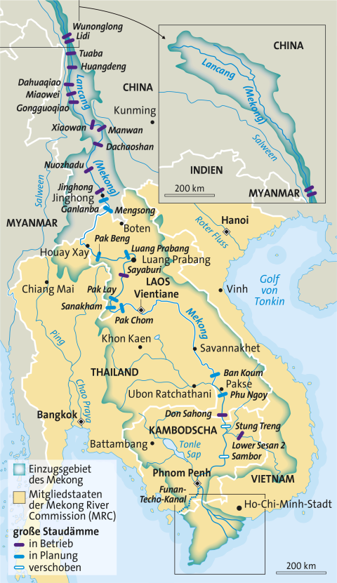 Karte: Einzugsgebiet des Mekong in China, Myanmar, Laos, Thailand, Kambodscha und Vietnam
