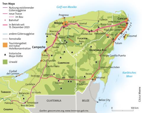 Karte des Infrastrukturprojekt Tren Maya in Südmexiko