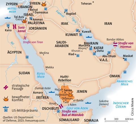 Karte der Arabischen Halbinsel mit Konfliktgebieten